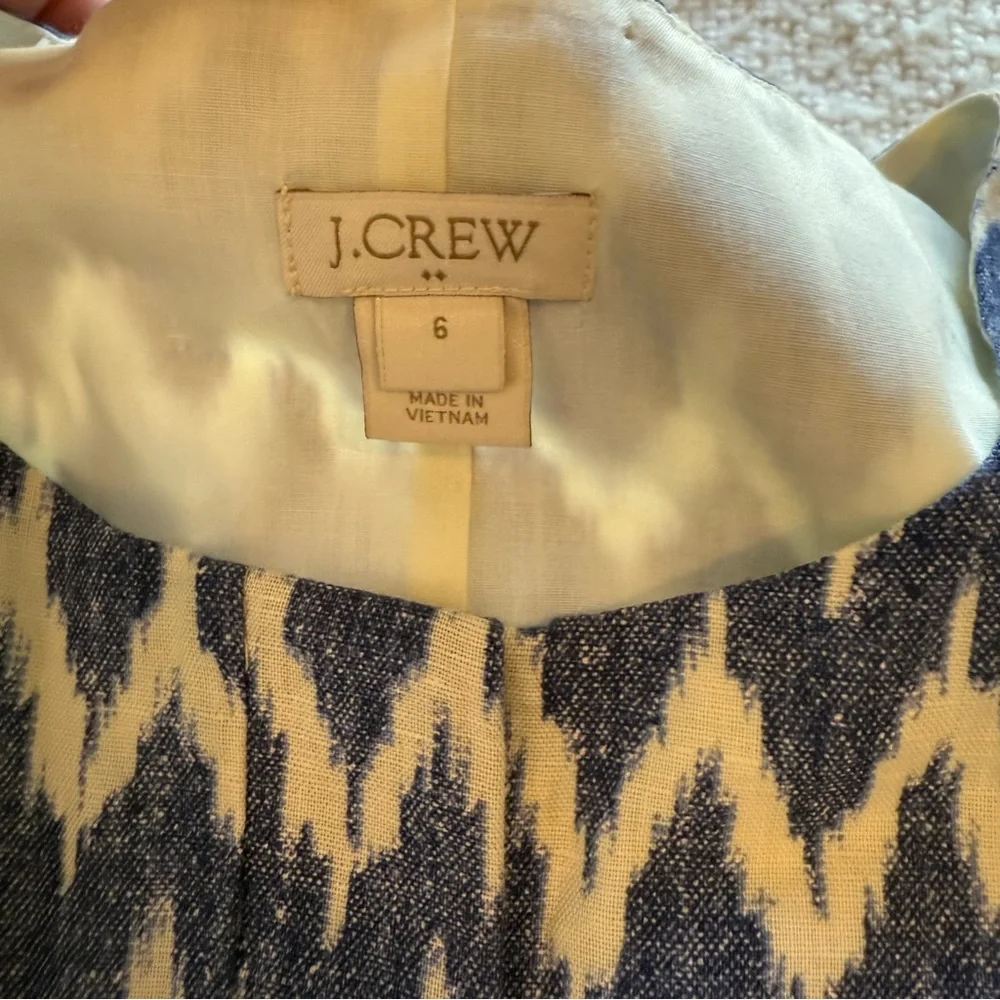 JCrew Structured Blue and Cream Ikat Print Linen Romper 6